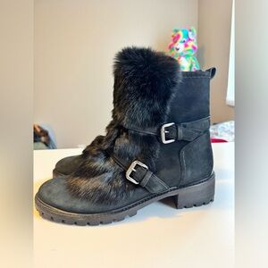 Schutz Sayra Black Suede Shearling Moto Lug Sole Booties size 10